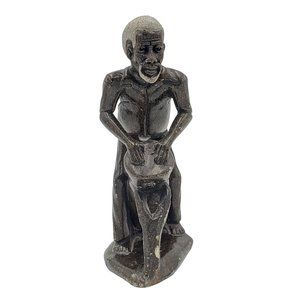 Handmade Hollins Stone Carved "Drum till U Drop Mate" Art Sculpture 9.5" x 5.5"